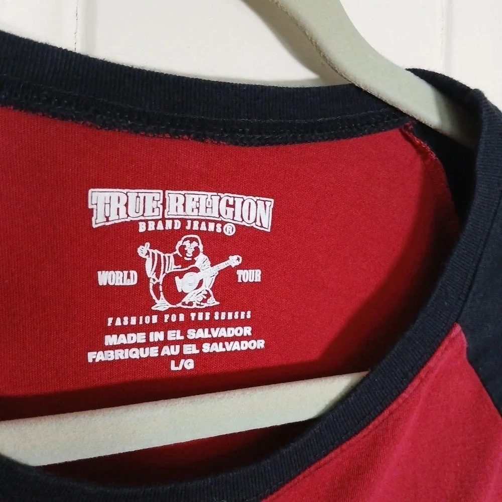 True Religion Raglan Shirt Logo Long Sleeve‎ Graphic Tee Men's Large Red Cotton